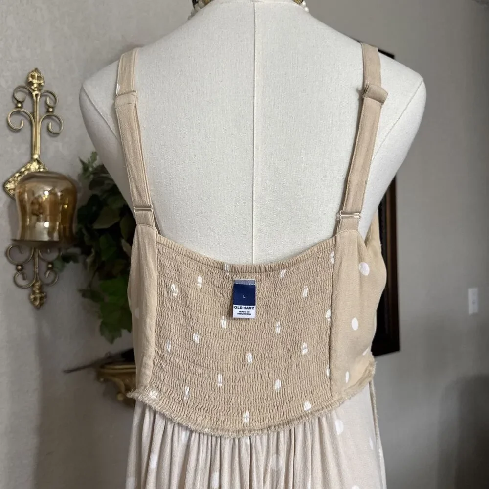 old navy strap tank maxi Dress beige white polka dot Y2K mocked back Size L - Picture 15 of 16
